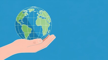 Hand holding a glowing blue and green Earth globe on a blue background.