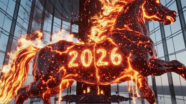 Celebrating Lunar New Year 2026 Horse Shio with a Majestic Flaming Horse Sculpture in a Modern Glass Atrium, Captured in 4K at 60fps
