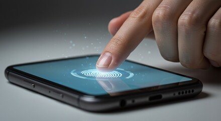 A fingerprint scanner on a smartphone screen, a modern technology for biometric security and access.Concept of digital security and biometric technology.