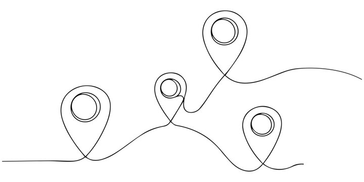 map pin icon symbol one line drawing continuous minimalism, A location pin and route created with one single continuous line art, minimalist vector drawing for navigation and journey concepts active.