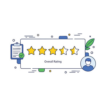 An illustrated graphic of ratings, clipboard, user icon, and green leaves and circle shapes