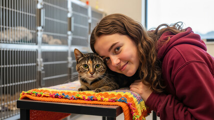 Gently smiling teenage girl with old cat in animal shelter on woven blanket, pet adoption center