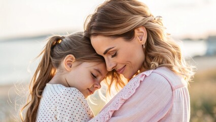 Fototapeta premium Mother and Daughter Embrace in Natural Setting During Golden Hour Photography