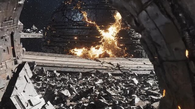 Apocalyptic energy blast devastates a complex technological installation, casting fiery light upon the immense scale of structural annihilation