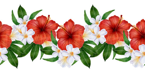 Watercolor seamless tropical border with red hibiscus flowers, white plumeria and leaves, raster illustration on white background, perfect for summer banners, invitations and exotic floral decoration. © Alona
