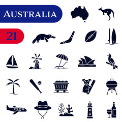 Icons about Australian traditions, culture, and symbols. A set of solid icons about Australia.