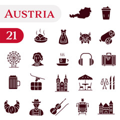 Icons about Austrian traditions, culture, and symbols. A set of solid icons about Austria.