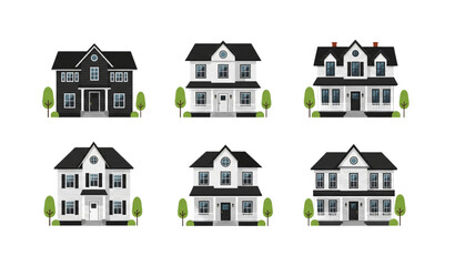 Fototapeta premium Suburban residential houses vector illustration set in flat minimalist style isolated on transparent background