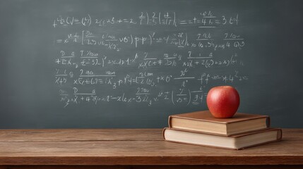 Bright Red Apple on Stack of Books in Front of Chalkboard with Mathematical Equations Creating an Educational Atmosphere for School or Learning Environment