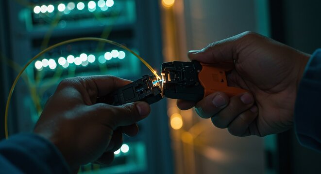 Hands using a crimping tool on a fiber optic cable, highlighting high-speed internet technologyConcept of network installation and maintenance - Powered by Adobe