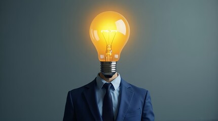 Businessman with glowing lightbulb head in blue suit