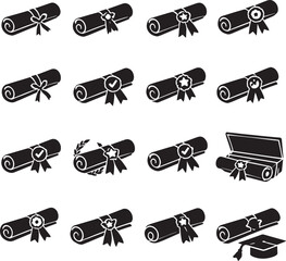 Diploma Certificate Scroll Icons Set &ndash; Graduation & Award Vector Silhouettes