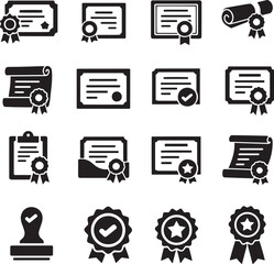 Certificate and Award Icon Set Black Solid Silhouette Vector Collection