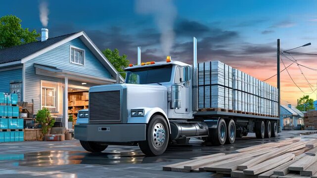 White heavy duty truck with a flatbed trailer loaded with lumber stopping in front of a building supply warehouse at dawn, reflecting on the wet street after a recent rainfall