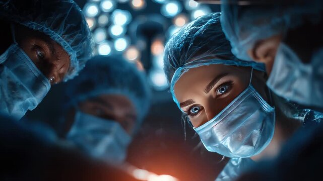 Patient's POV in a dim, modern operating room showing masked surgeons and nurses focused on a critical surgical procedure using advanced sterile equipment and technology