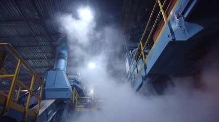 Medium shot capturing a vacuum setup actively extracting airborne contaminants in a retread plant emphasizing air quality control and waste management.
