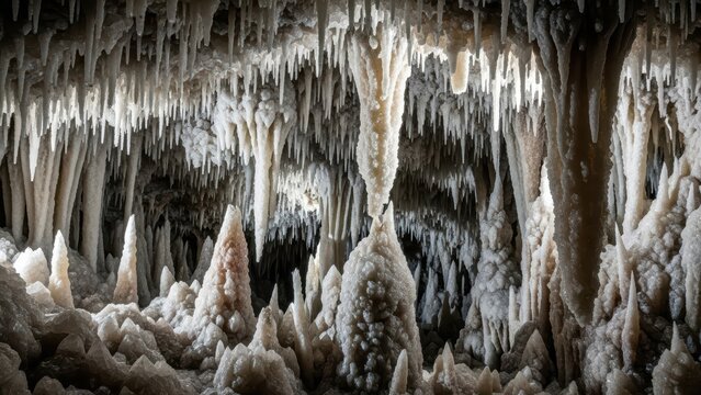 Cave formations with stalactites and stalagmites in a natural underground environment
