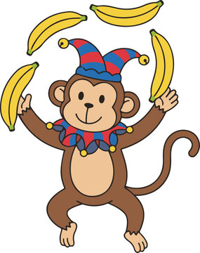 Cute cartoon monkey juggling bananas vector illustration. A funny brown primate character wearing a blue and red jester hat and collar, performing a circus trick with yellow fruit.
