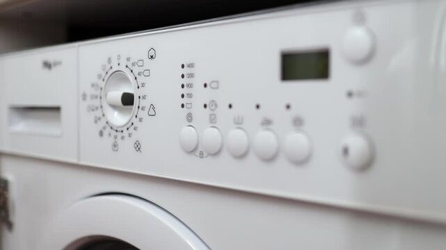 Hand adjusting washing machine settings, turning dial and pressing buttons, initiating laundry cycle, with clear display of time and program indicators on control panel