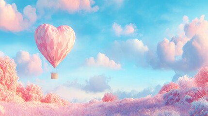Obraz premium Hot air balloon floats over pink landscape under blue sky with clouds