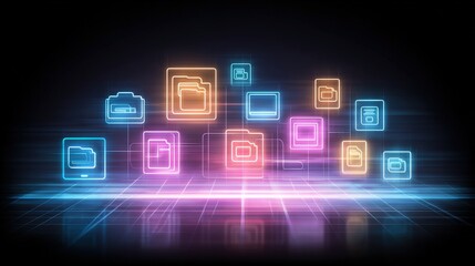 Abstract network grid with files and folders, futuristic software interface, digital document management system, store, search and organize documents, corporate business, paperless office	
