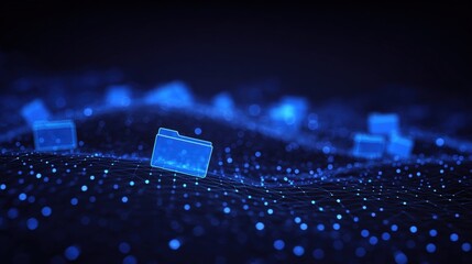 Abstract network grid with files and folders, futuristic software interface, digital document management system, store, search and organize documents, corporate business, paperless office	
