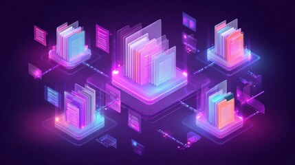 Abstract network grid with files and folders, futuristic software interface, digital document management system, store, search and organize documents, corporate business, paperless office	
