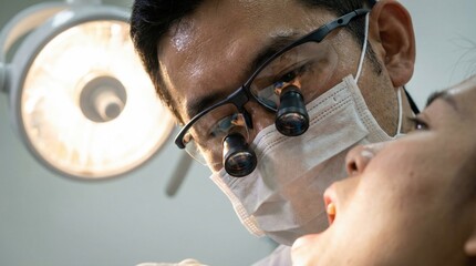 dentist checks the teeth of a client in a dental clinic. The dentist is using special glasses for a detailed examination. The room is bright with overhead lighting.