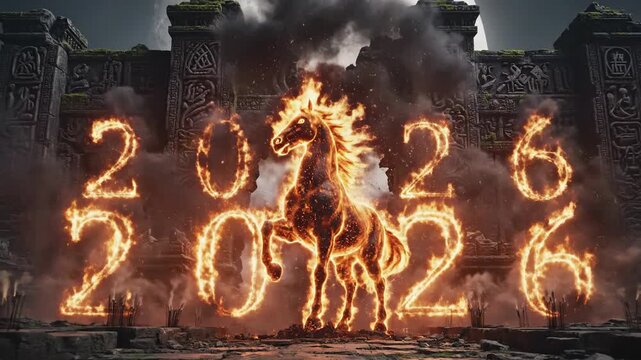 Celebrating Lunar New Year 2026 with a majestic Horse Shio amidst fiery 2026 numerals in an ancient temple courtyard at dusk
