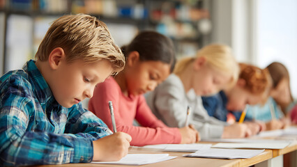 Focused Diverse Children Writing at Desks in a Classroom