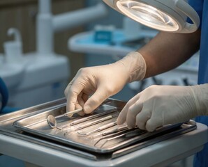 person in gloves arranges various dental tools on a stainless steel tray in a dental clinic. The scene shows preparation before a patient visit.