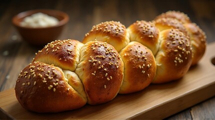 Braided bread rolls with sesame seeds on wooden cutting board