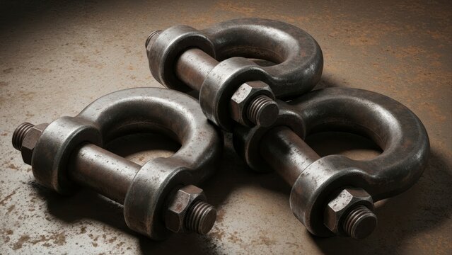 Close-up of three heavy-duty metal shackles with bolts and nuts on a textured surface, industrial equipment.