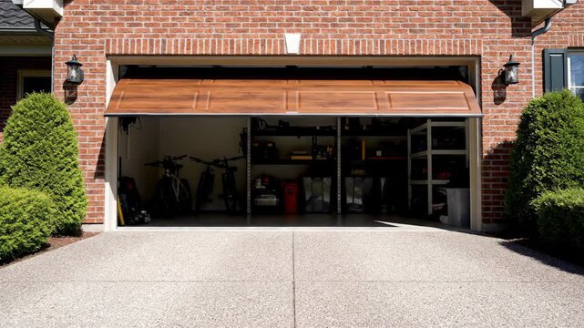 A garage door opening to reveal a cluttered interior with various items stored inside on a sunny day
