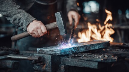 Medium shot of a craftsman skillfully joining metal at a tjoint using forge welding highlighting precise hammer strikes and hot weld areas.