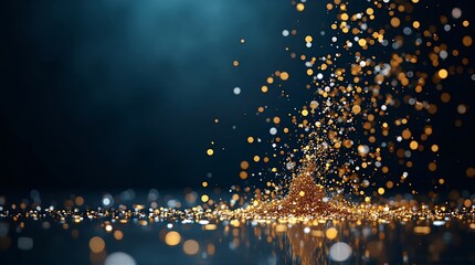 Golden particles exploding in dark space with reflective surface