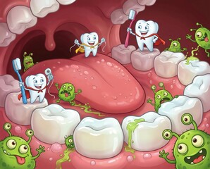 Teeth are engaged in a playful battle against germs in a mouth setting. Tooth characters hold toothbrushes while germs try to invade. This scene promotes oral hygiene for kids.