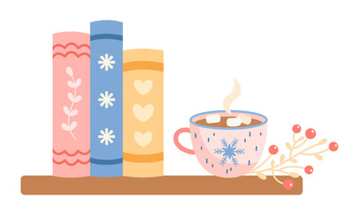 Winter bookshelf and holiday mug illustration, Pastel winter books, Christmas bookish aesthetic, Book lover gift, Cozy reading, Bookstore Holiday Graphic.