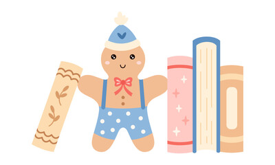 Cartoon winter books and gingerbread man illustration, Christmas bookish aesthetic, Book lover gift, Cozy reading, Bookstore Holiday Graphic, Seasonal vector illustration.