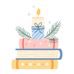 Winter books and holiday candle illustration, Christmas bookish aesthetic, Book lover gift, Cozy reading sticker, Bookstore Holiday Graphic.