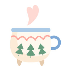 Cozy winter cup clipart, Holiday mug, Hot chocolate, Сoffee, Latte, Cappuccino, Cocoa. Merry Christmas vibe. Festive vector illustration.