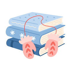 Winter books and pink mittens illustration, Christmas bookish aesthetic, Book lover gift, Cozy reading sticker, Bookstore Holiday Graphic.