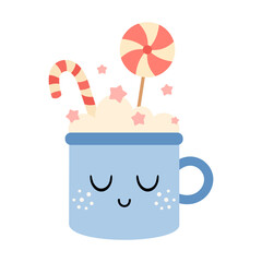 Cozy winter cup clipart, Holiday mug, Hot chocolate, Сoffee, Latte, Cappuccino, Cocoa. Merry Christmas vibe. Festive vector illustration.