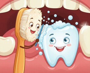 child engages in learning about oral care as a toothbrush brushes a happy tooth. This educational moment highlights fun techniques for maintaining dental health in a pediatric dentistry environment.