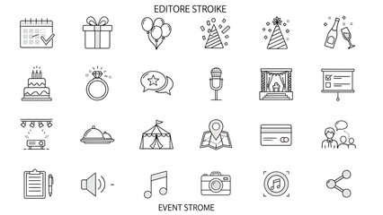 Fototapeta premium A collection of editable vector line icons representing events, celebrations, and various related elements for graphic design and web applications