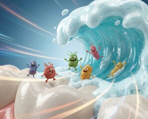colorful scene shows cartoon characters representing germs playing on a big wave of foam in a fun setting. The characters appear cheerful and lively as they engage in playful activities.