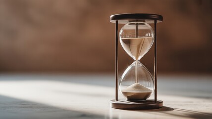 Classic wooden hourglass with white sand flowing down, placed on a smooth wooden table.