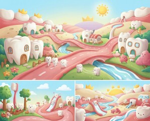 Playful cartoon teeth walk along a road in a bright landscape filled with cute buildings and fun activities. Children enjoy slides and play near trees in a sunny setting.