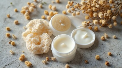 Natural skincare products with flowers and sponges on concrete