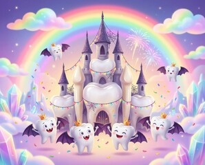 Teeth characters in costumes play around a large castle made of teeth. Colorful crystals surround the castle and a vibrant rainbow spans the sky with festive fireworks above.